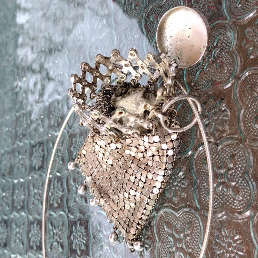 c1930s Whiting & Davis Silver Tone Mesh Gate Top Beggars Purse Bag + - Picture 4 of 8
